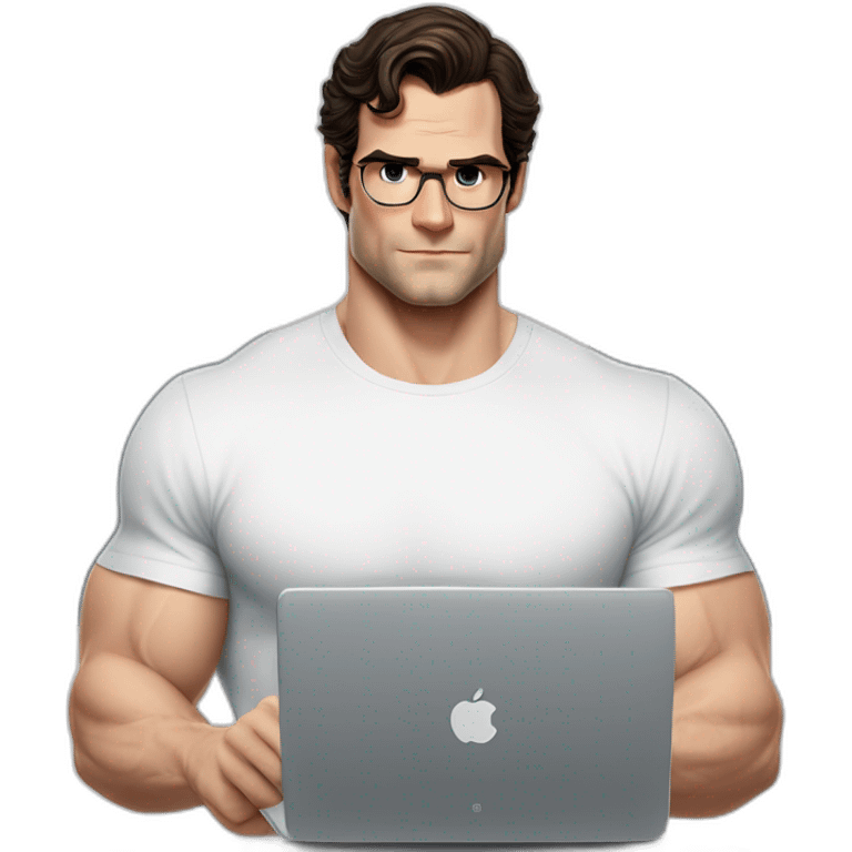 front view of henry cavill clark kent wearing white t-shirt using a laptop emoji