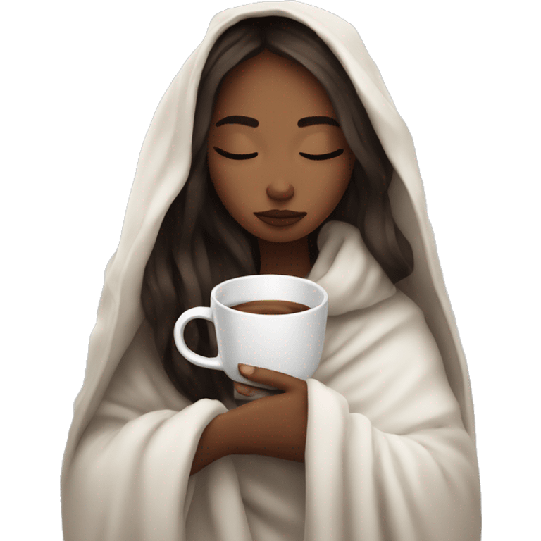 Cozy aesthetic girl wrapped in a white blanket holding a cup of coffe, eyes closed  emoji