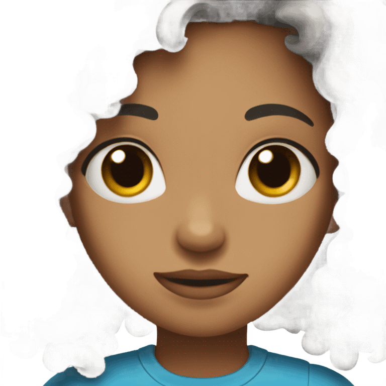 Female, medium-brown skin, long black curly hair, blue shirt emoji