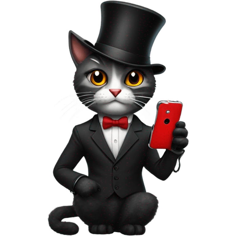 Cat with a top hat wearing a suit and tie and black ripped jeans with a fluffy tail and sharp claws and fingerless gloves while holding a red phone emoji