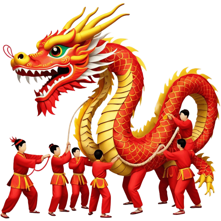 Cinematic Realistic scene of a traditional Chinese Dragon Dance featuring a team of performers skillfully manipulating a colossal, flexible dragon puppet, its intricately detailed, vibrant scales and flowing, embroidered fabric catching the light, set against a festive backdrop of red lanterns and dynamic red-tinged lighting that accentuates the majestic presence of the dragon puppet. emoji