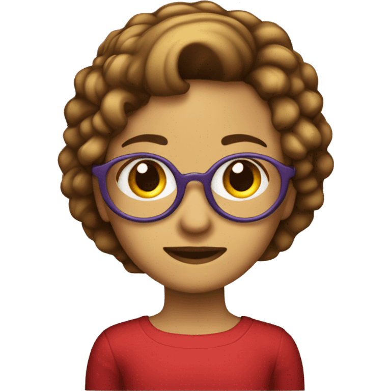 Menina cabelo cacheado curto e vermelho usando óculos de armação fina roxa emoji