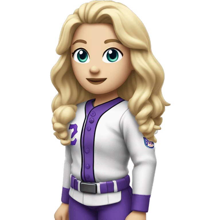 baseball card character. Blonde female long shoulder length hair. letter C logo. white and purple uniform. emoji