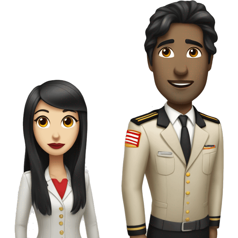 Flight attendant with long black hair, red lips and white skin with a pilot man with beige skin and black hair emoji