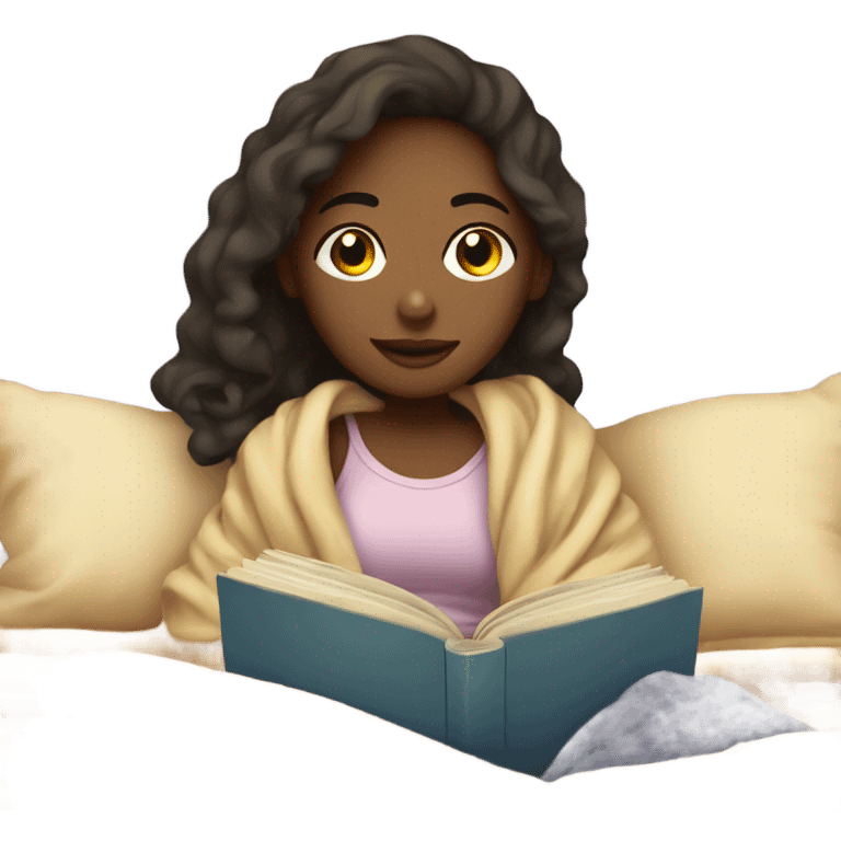 Girl with blanket and book in bed emoji