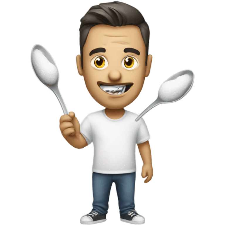 Man eating sugar with a spoon holding a lighter under the spoon emoji