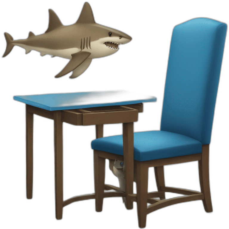 a shark sitting at a chair with a table and a blue tie emoji