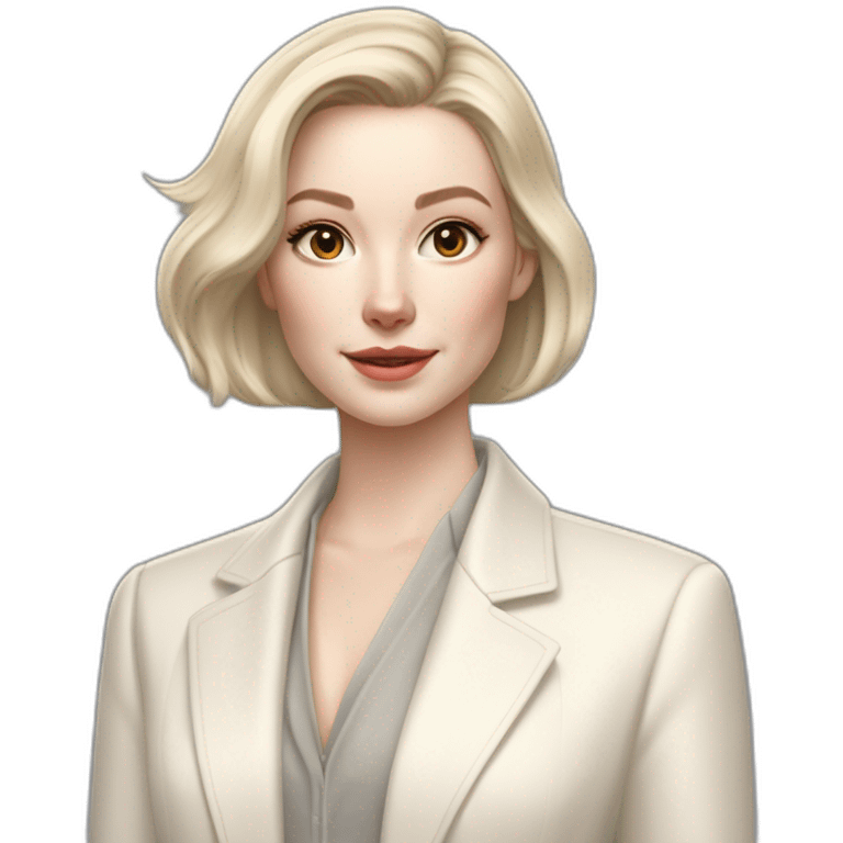 pale skin woman with ash blonde Straightened bob Hair, White Spacious classical jacket, beige palazzo Arrow pants and gray blouse holding white IPhone 15 pro in the hands emoji