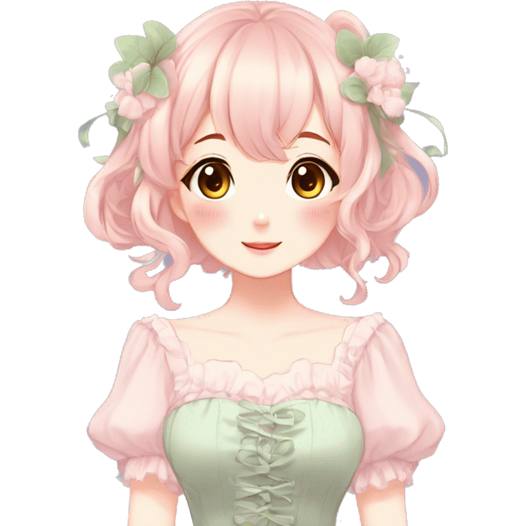 Gorgeous anime style lady with blushing face and a dress cottagecore fairycore  Kawaii anime colorful pearly romantic simplistic aesthetic trending style emoji