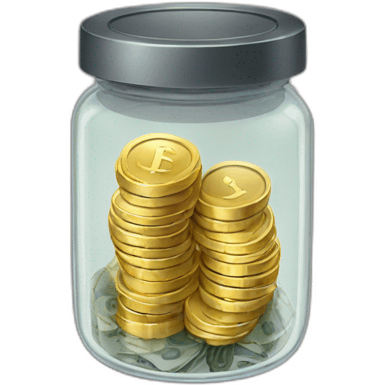 A Clear transparent jar with a granite metallic lid filled with cash and gold  emoji