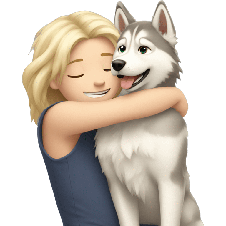 blond kid with long hair is hugging husky  emoji