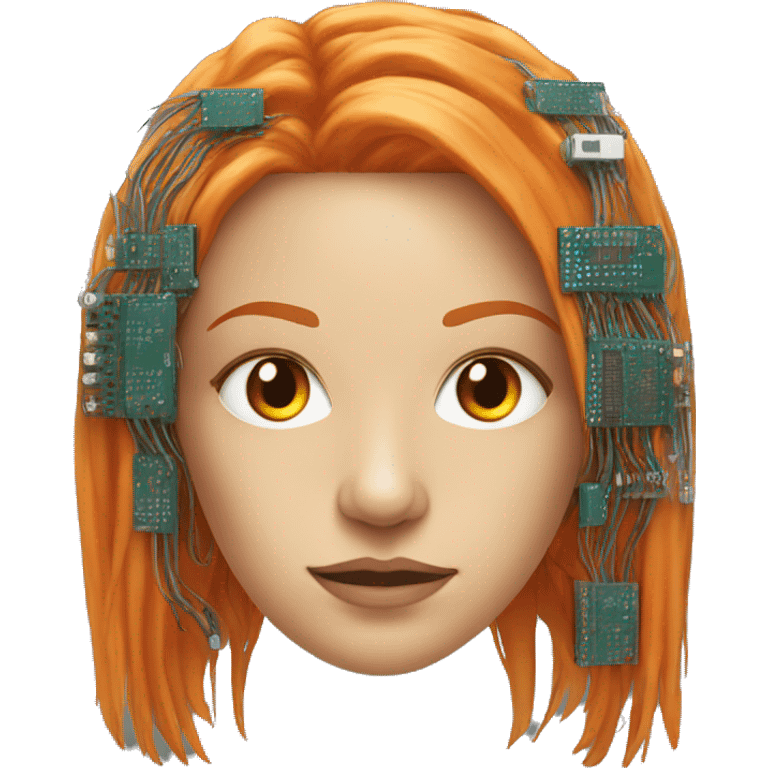 Head of female cyborg with long orange hair and circuits emoji