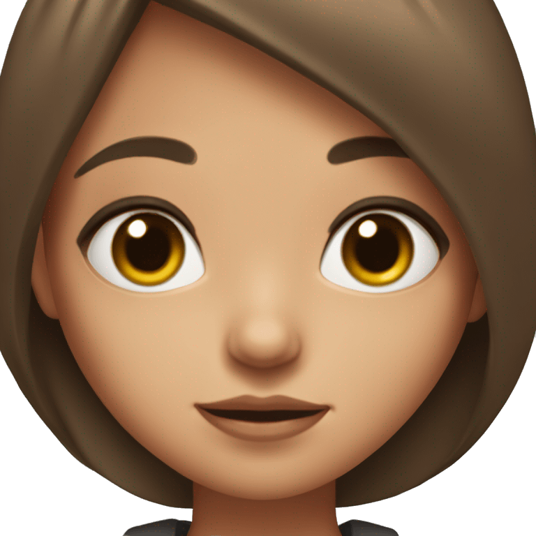 Girl with brown hair, peach skin, big eye lashes, small mouth emoji