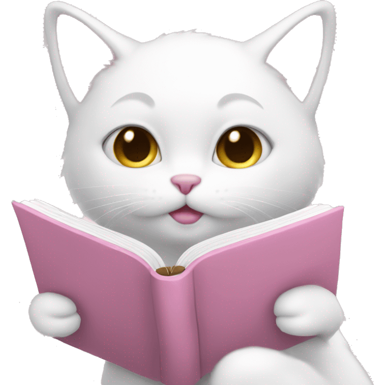 White cat is reading soft pink book emoji