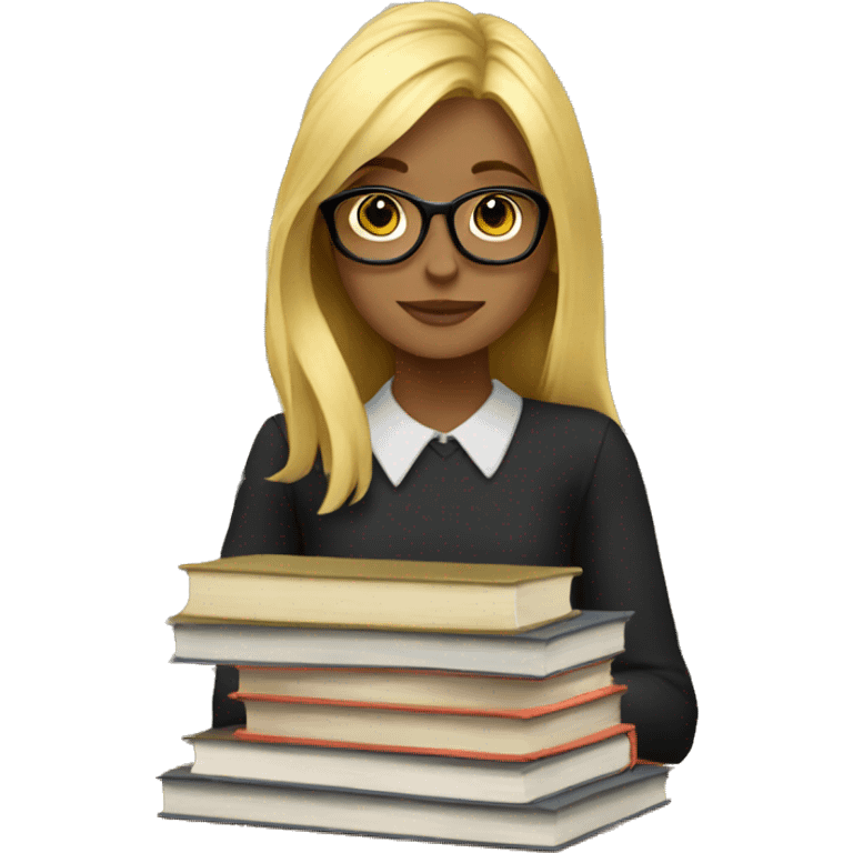 Blonde girl wearing glasses sitting surrounded by books  emoji