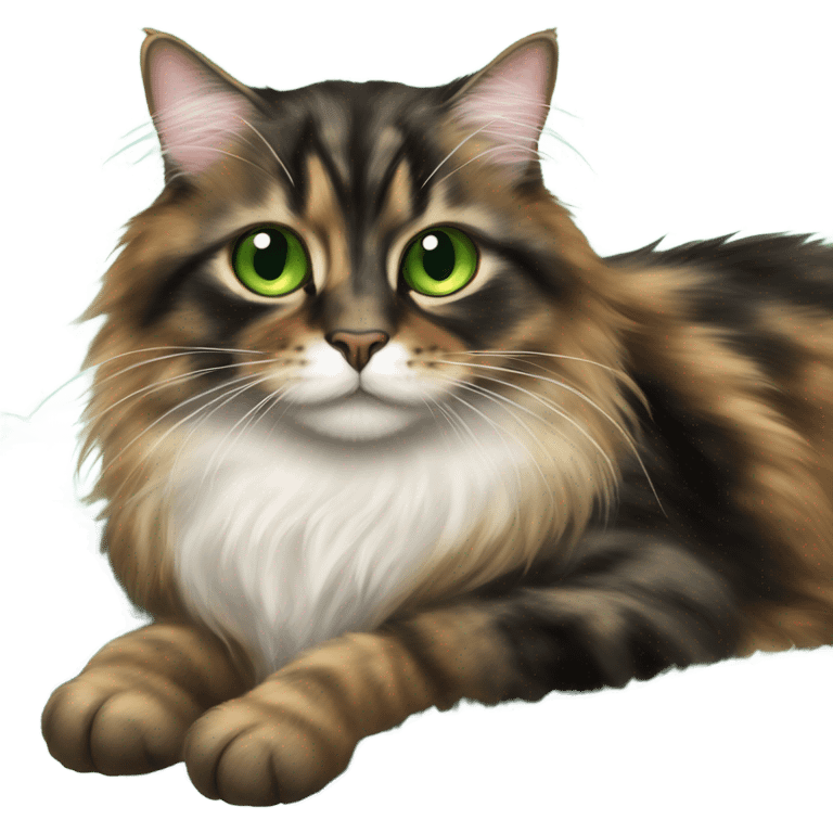 Long hair tortie cat with green eyes laying on a sheep skin throw emoji