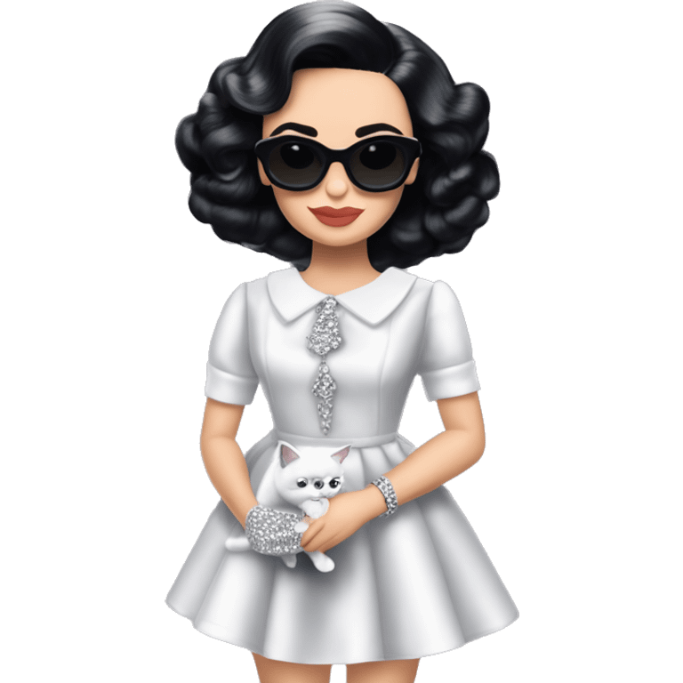 White Diamonds Elizabeth Taylor Barbie. Jenna Ortega Wednesday Addams.Satin dress, opera gloves,pumps, bracelet, earrings, sunglasses Cuddling up with Slippers the kitten. emoji