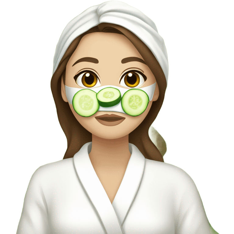 White girl with Brown hair and blue eyes wears a Green clay colored skincare textured mask and puts on cucumbers around her eyes while She relaxes in her white Robe emoji