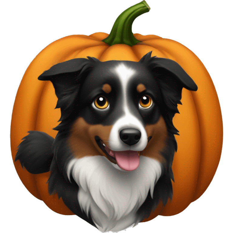 Small black australian shepherd dog in a pumpkin emoji