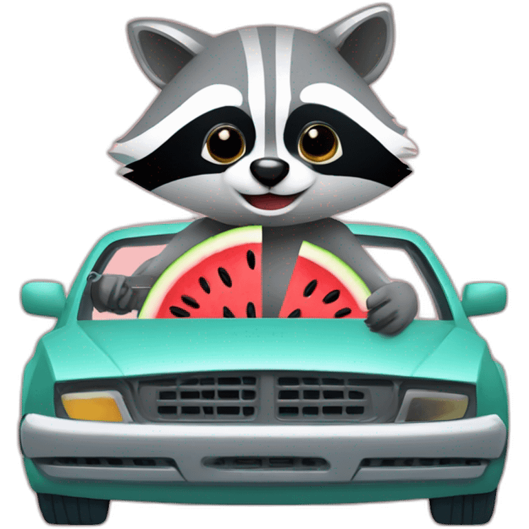 A raccoon with a watermelon behind the wheel of a car and a spanner emoji