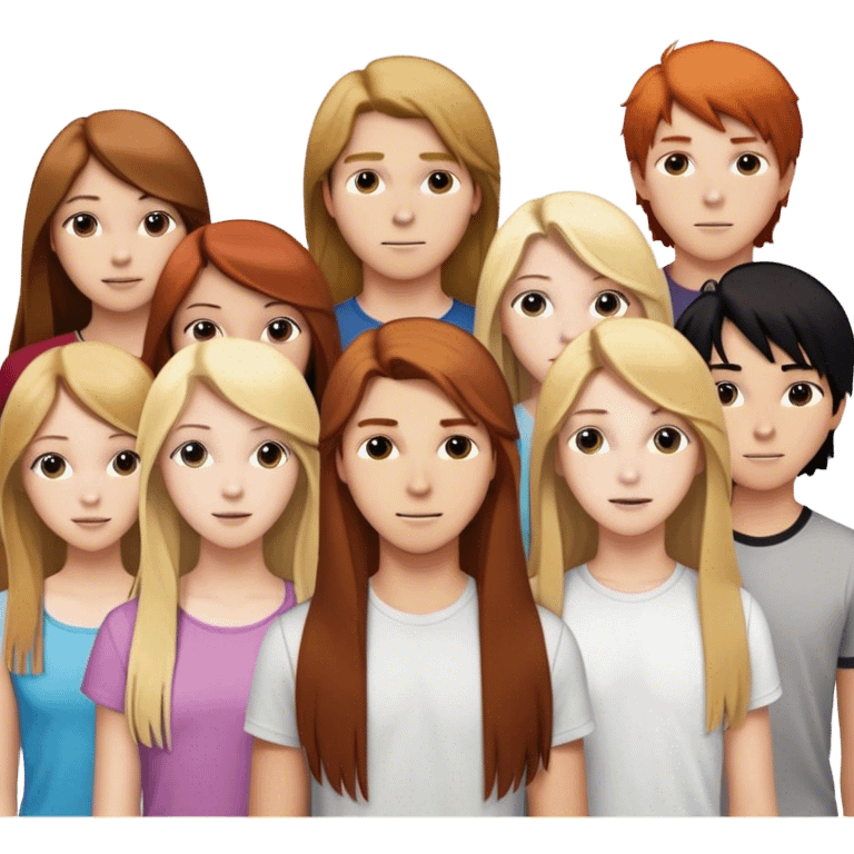 A group of teenagers with 3 girls and 3 boys:
a girl with long, straight, brown hair, another with long, slightly wavy, blonde hair and the third with long, straight, blonde and brown hair
for boys, you need a redhead with forward hair, a blonde with forward hair and another with black hair to the side emoji