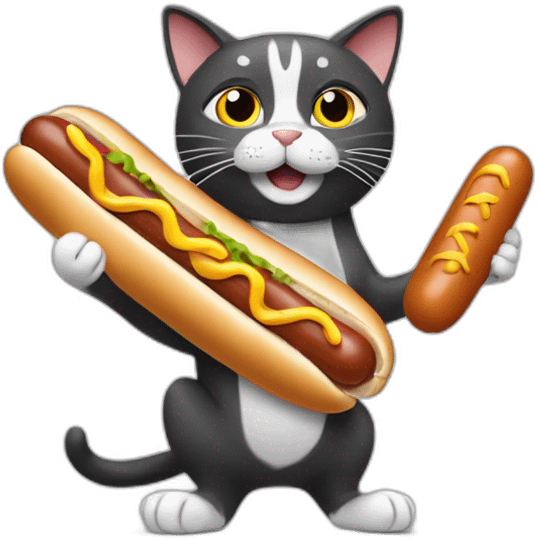 A cat who has a hot dog in his hand and the hot dog shoots sausages  emoji