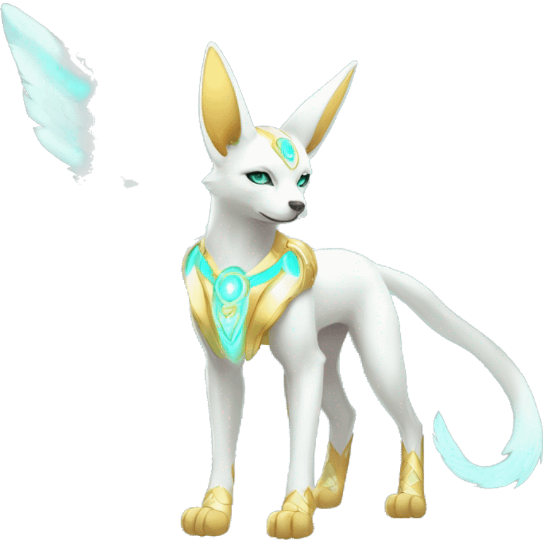 Shiny White Angelic Godly Ethereal Majestic Electric Albino Umbreon. cyan eyes and cyan markings. Golden Anubis-rings. full body emoji