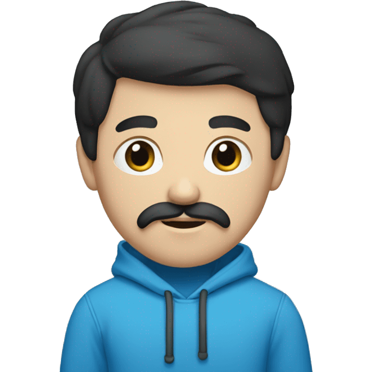 caucasian men with black hair, mustache blue hoodie emoji