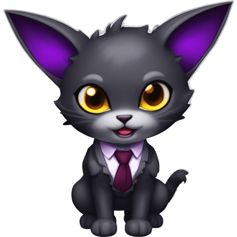 Cute-Evil-Vampiric-Batty-Cat-Black-Purple-Red-Grey-White-Yellow-Contrast-Colors-Fantasy-Fur-Sona-Chibi-Shiny-Fakémon-Hybrid with horns and big fangs neck tie leg spats full body emoji