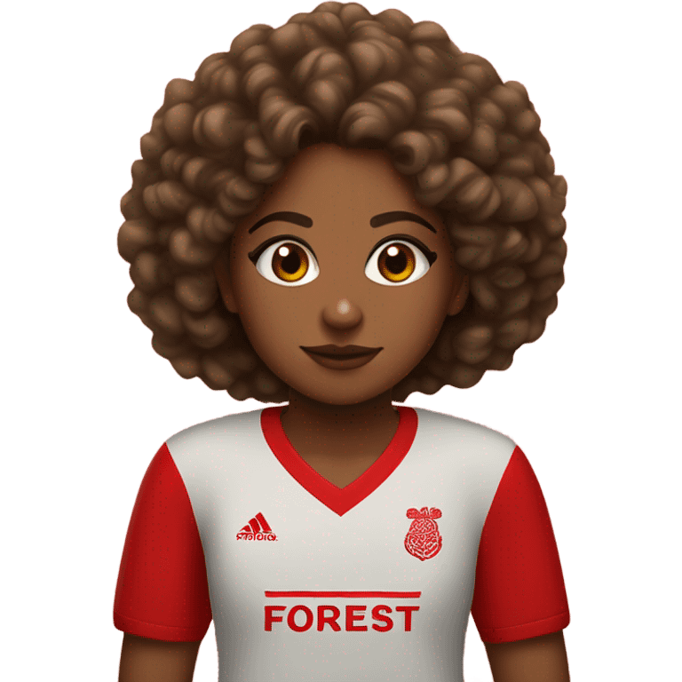 Brown girl with curly hair wearing a Nottingham Forest shirt  emoji