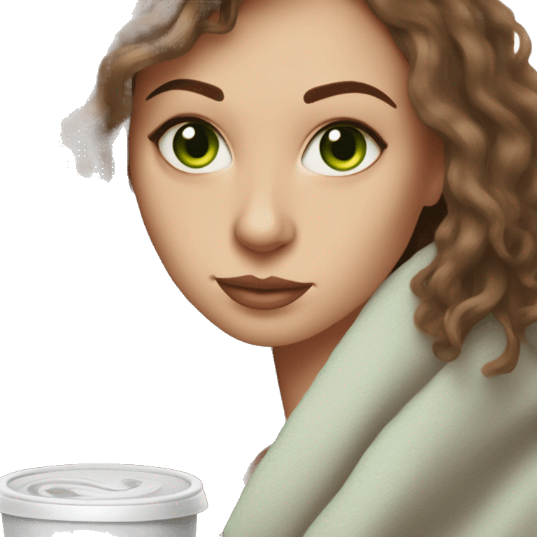 White Woman with light green eyes and brown hair and septum piercing cozy with a blanket drinking iced coffee emoji