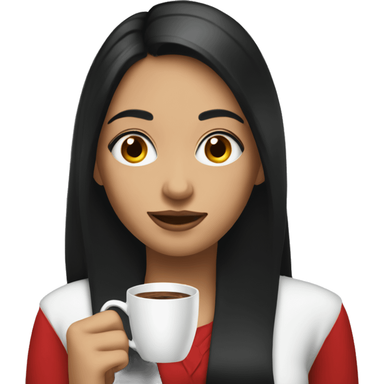 light girl with black hair holding cup of coffee wearing red blouse  emoji