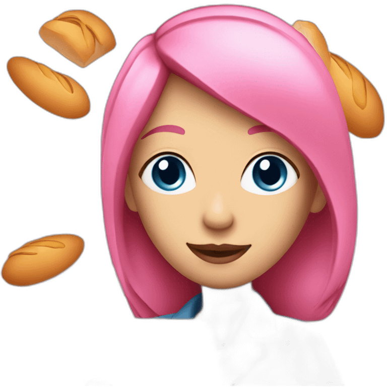 lady with pink Hair and Blue eyes holding a baguette and a laptop emoji