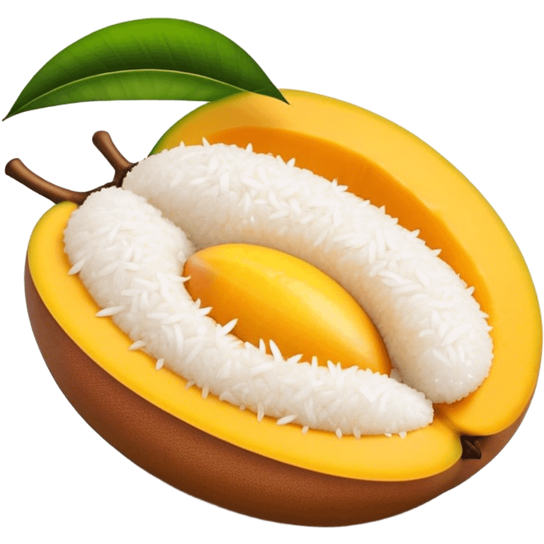 Cinematic Realistic Mango Sticky Rice Dessert Emoji, showcasing sweet sticky rice paired with ripe mango slices and coconut milk rendered with lifelike detail and warm, inviting lighting. emoji