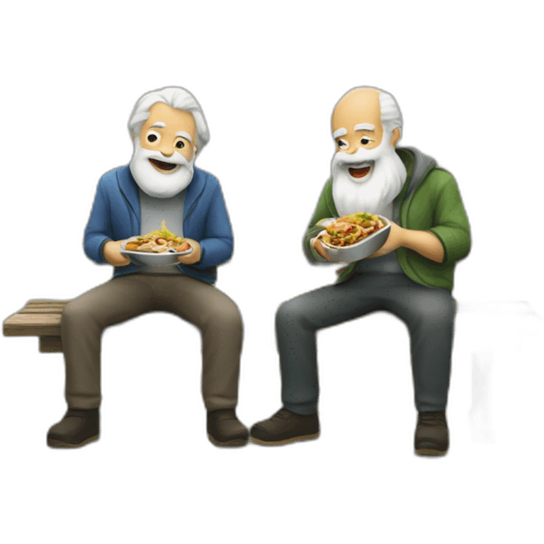 two old beard men eating shawarma on a bench on a park emoji