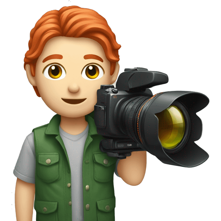 A photographer with red long hair and green eyes and a Sony camera emoji