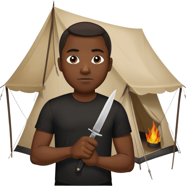 dark skinned black man standing in front of tent wearing a black t shirt holding a knife emoji