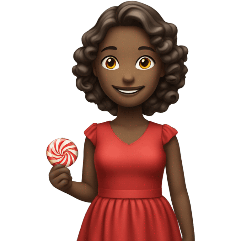 smiling girl in red dress with candy background emoji