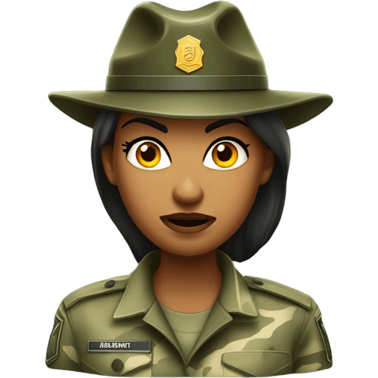 a female drill sergeant character wearing a classic sergeant hat and a camouflage army shirt. The character should have an angry intense expression. full torso emoji