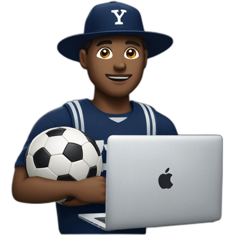 guy wearing a Yale university hat holding a soccer ball and a MacBook computer emoji