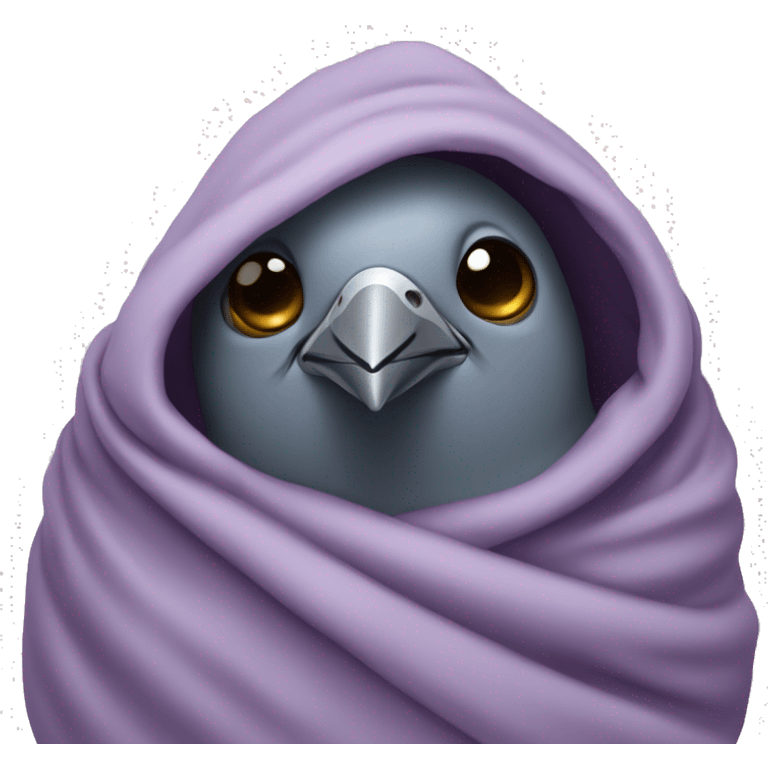 Pigeon wrapped in blankie like a hood emoji