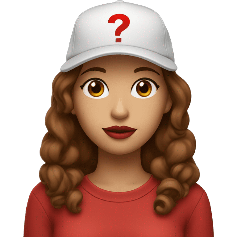 A beautiful woman wearing a cap and a black sweatshirt with a neckline, big lips, brown hair. The cap has a red question on it. emoji