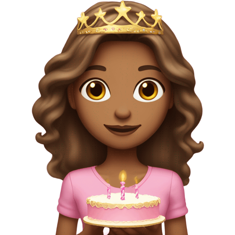 Beautiful tan skinned brunette with long hair and a pink birthday cake and gold tiara emoji