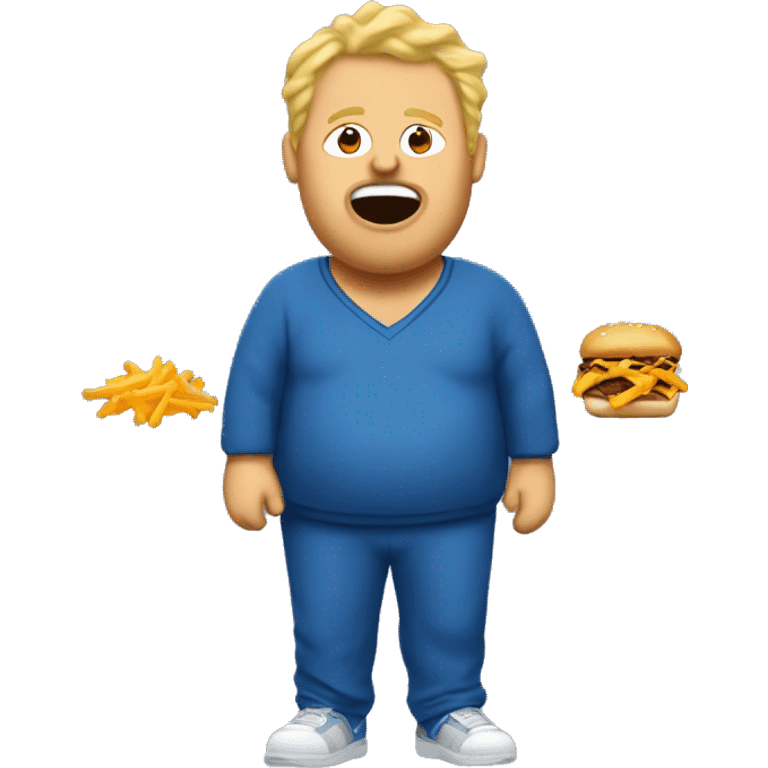 fat blonde man in dirty blue sweatsuit with chili cheese fries in his mouth emoji