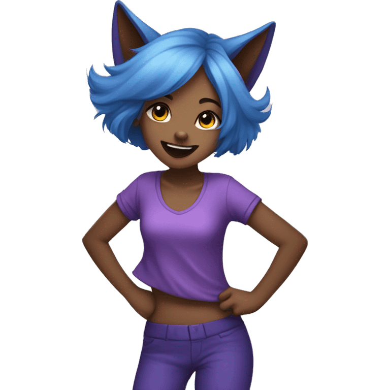 A blue-haired fox girl dances in a purple outfit  emoji