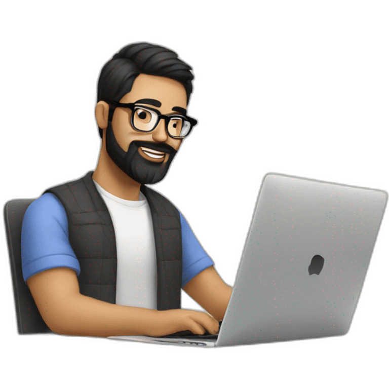 Designer with black hair, beard and glasses working with MacBook and drinking cappuccino  emoji