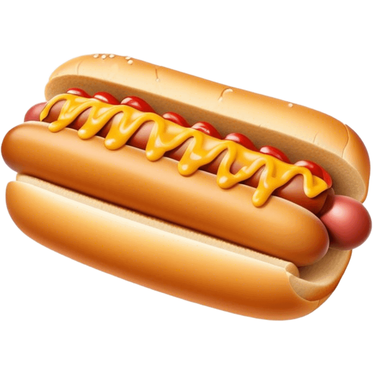 Cinematic classic hot dog, nestled in a soft toasted bun, drizzled with mustard and ketchup, juicy and flavorful, warm golden tones, ultra-detailed and mouthwatering. emoji