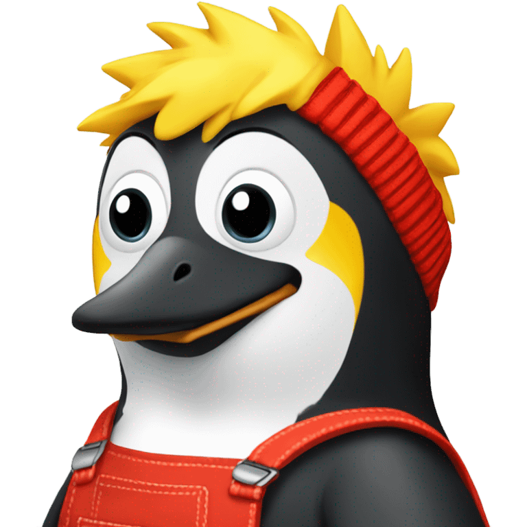 Penguin with a yellow Mohawk and red dungarees emoji