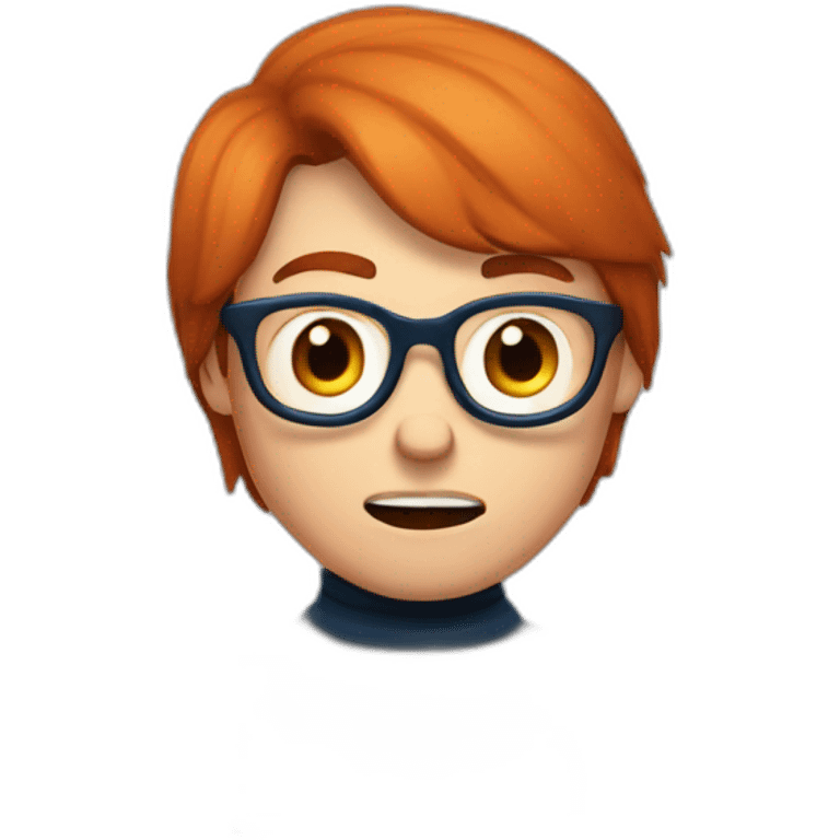 a red-haired boy with glasses and blue eyes in a turtleneck is working at a computer and angry emoji