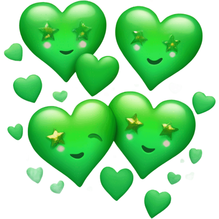 Three green hearts small one smaller than the other with sparkles and stars emoji